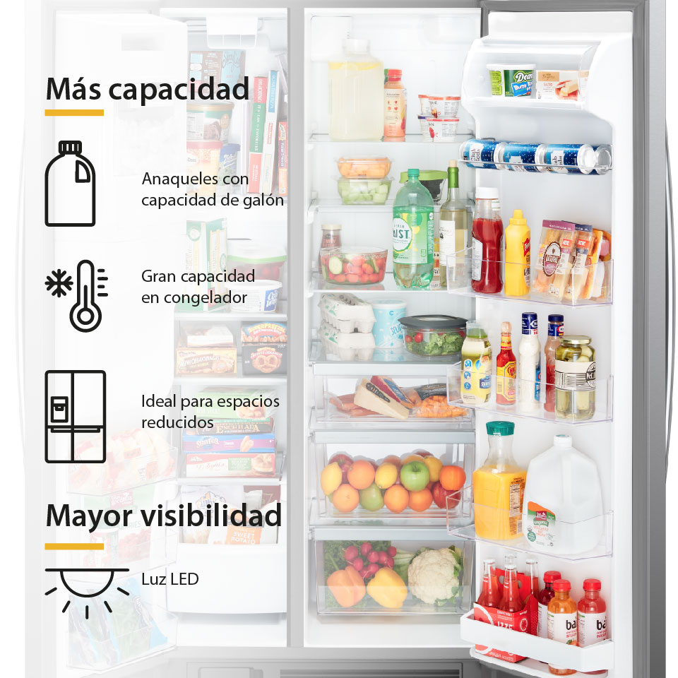 Nevecón 4 puertas Whirlpool con espacios adaptable y anaqueles convertibles de refrigerador a congelador.